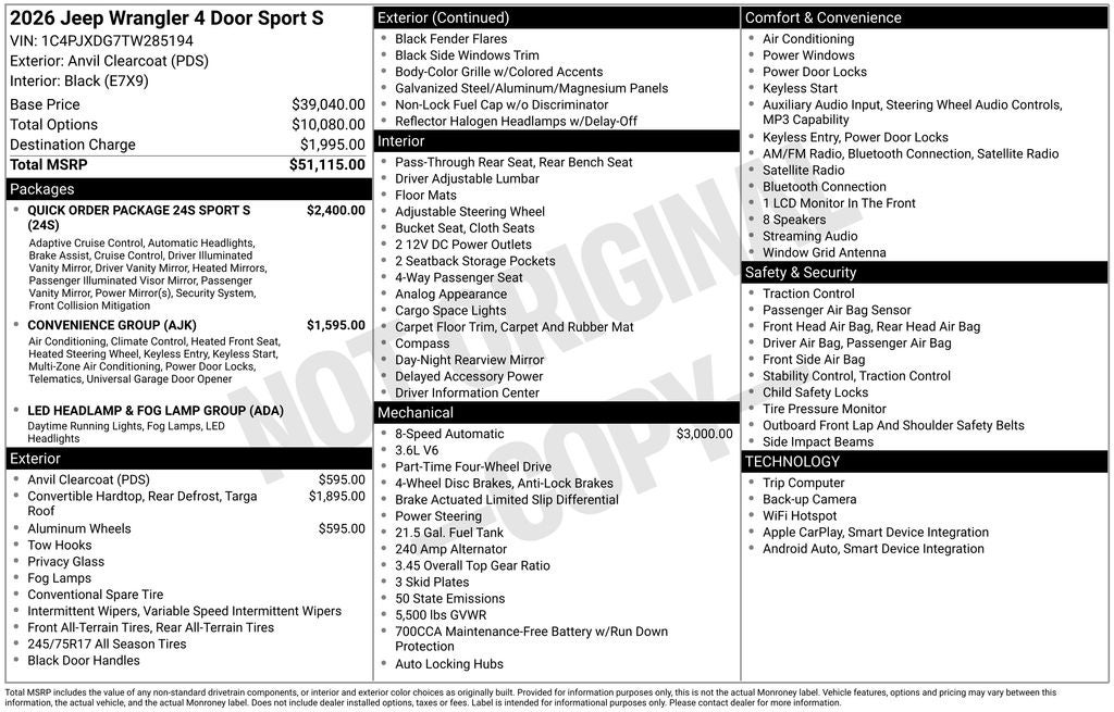2026 Jeep Wrangler WRANGLER 4-DOOR SPORT S