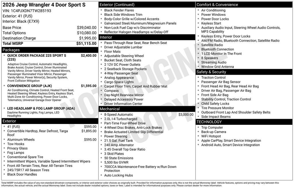 2026 Jeep Wrangler WRANGLER 4-DOOR SPORT S