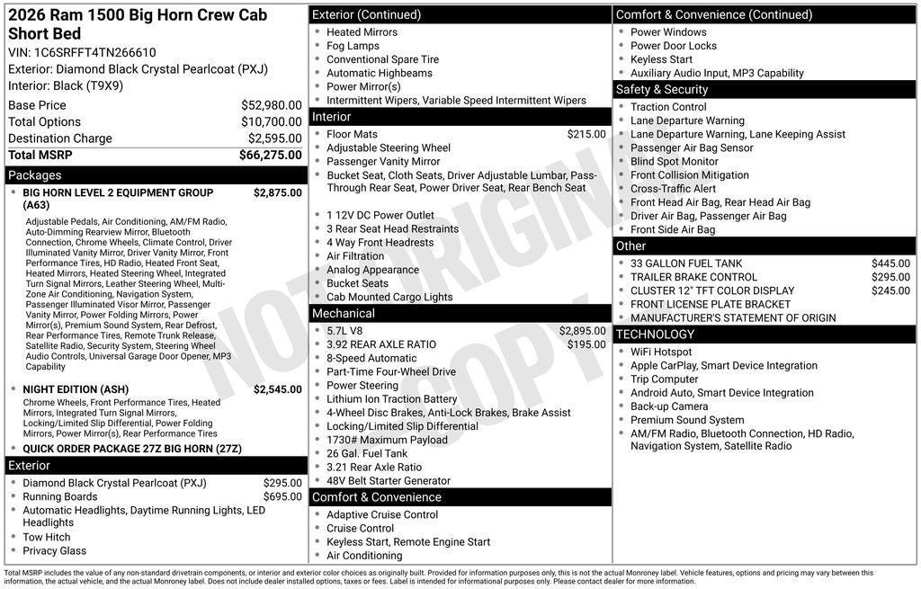 2026 RAM Ram 1500 RAM 1500 BIG HORN CREW CAB 4X4 5'7' BOX