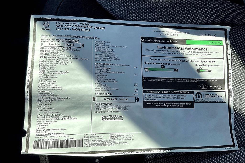 2025 RAM Ram ProMaster RAM PROMASTER 2500 TRADESMAN CARGO VAN HIGH ROOF 159' WB
