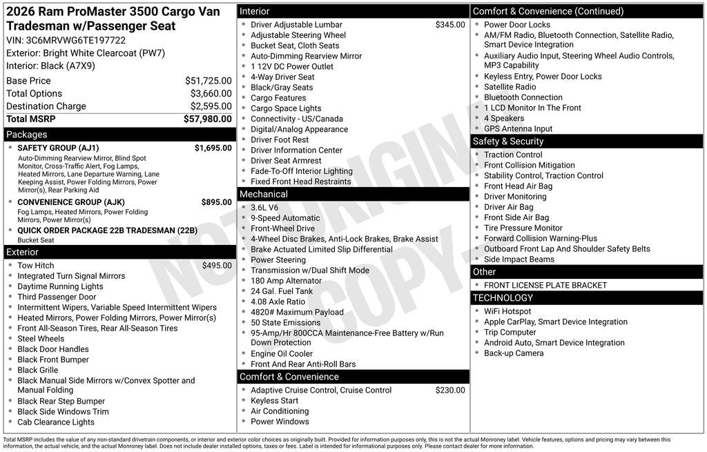 2026 RAM Ram ProMaster RAM PROMASTER 3500 TRADESMAN CARGO VAN LOW ROOF 136' WB