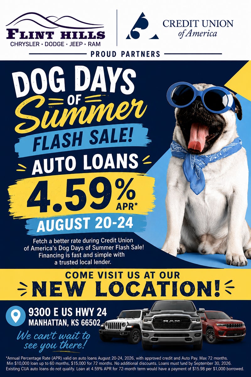 Flint Hills CDJR and Credit Union of America Dog Days of Summer Flash Sale with 4.59% APR auto loans August 20-24, 2026